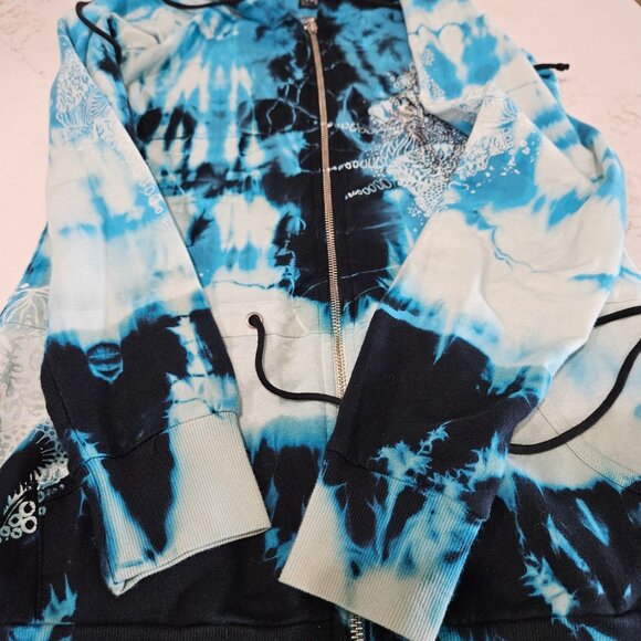 Sledge Vintage Hoodie Medium Zip Tie-Dye Rhinestone Blue Y2K Grunge Long Pockets - Picture 7 of 11